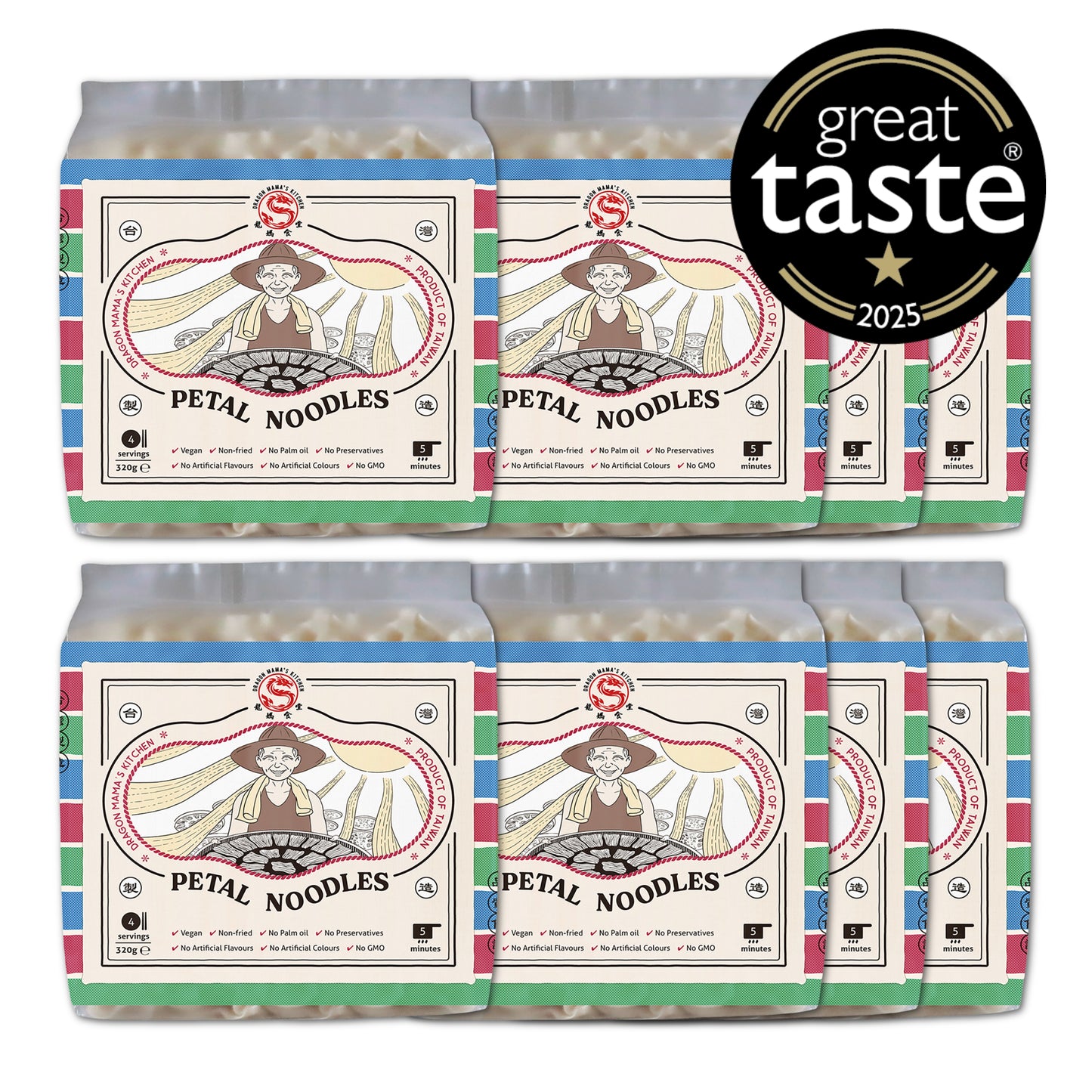 DRAGON MAMA'S KITCHEN | Taiwanese Petal Noodles (320g) Vegan · Non-fried · No Palm oil · No Preservatives · No Artificial Flavours · No Artificial Colours · Non-GMO