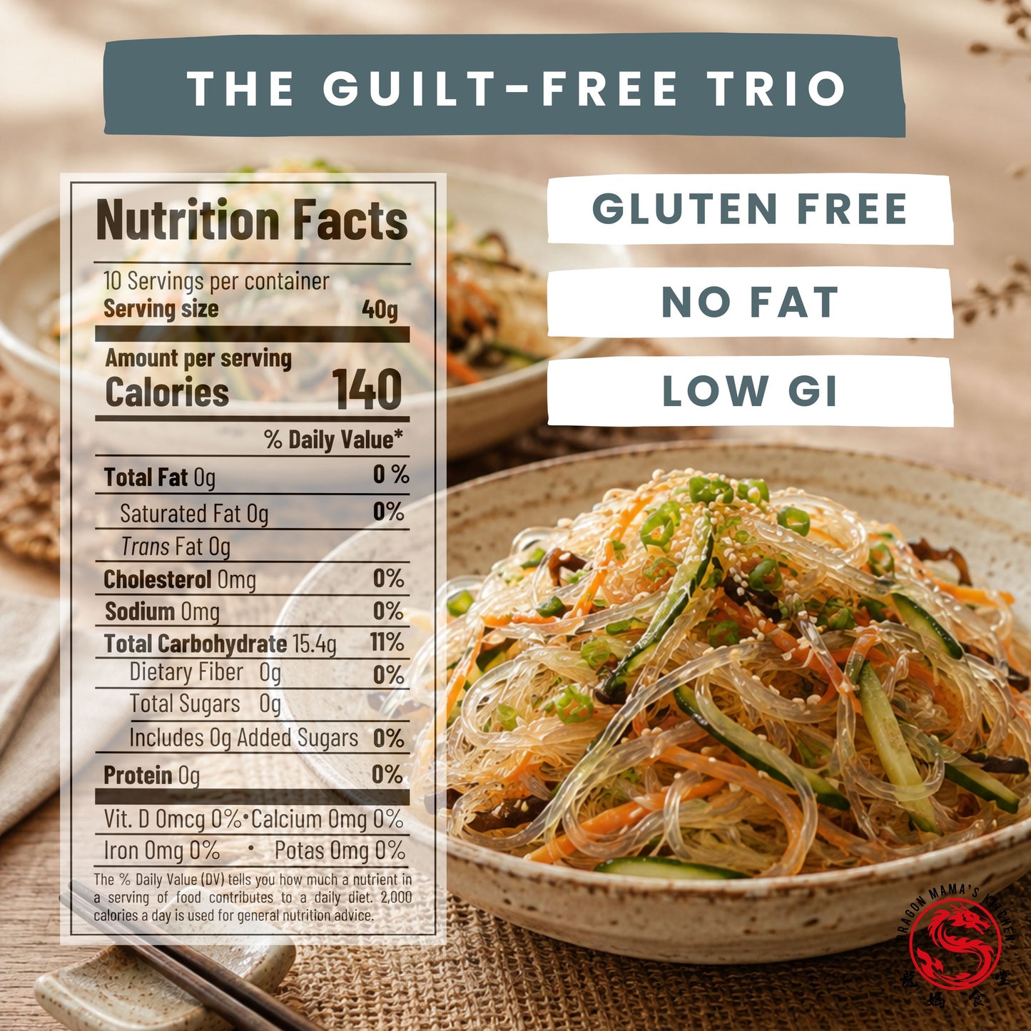 DRAGON MAMA'S KITCHEN Glass Noodles (Restaurant Grade) 40g/nest | Gluten Free · Vegan · Plant Based · No Preservatives · No Artificial Flavours · No Artificial Colours · Non-GMO  (pack of 1) [Pre-order]