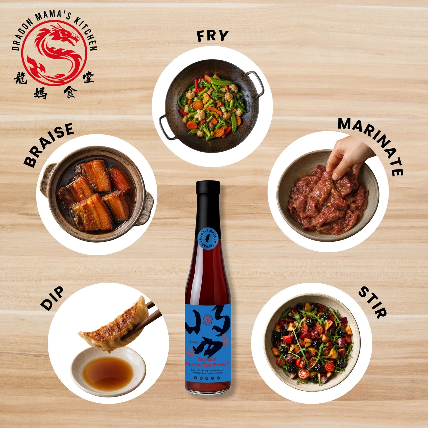 DRAGON MAMA'S KITCHEN | No Soy Black Soy Sauce (420ml) Gluten Free · Vegan · Plant Based · No Preservatives · No Artificial Flavours · No Artificial Colours · Non-GMO